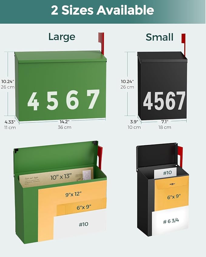 LAND·VOI Wall-Mount Mailbox with One Flag Kit and Three Sets of 0-9 Mailbox Number Stickers, Mailboxes for Outside, Galvanized Steel Rust-Proof Metal Post Box, 4.33" Dx14.2 Wx10.43 H, Green