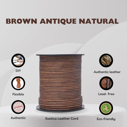 Xsotica Xsotica 25 Meter Real/Genuine Round Leather Cord for Jewelry Making, Leather Strips & Strings for Necklaces, Bracelets, Braiding, Crafts (Brown Antique Natural, 2mm)