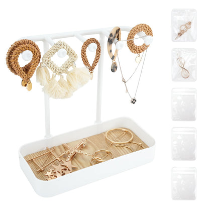 WCHOSOZH Jewelry Organizer Stand, Necklace Holder with Wooden Tray 5 Storage Hooks, Earring Holder with 5 Pcs Jewelry Bags for Bracelet,Chains,Rings,Earrings,Keys Watches,Necklaces (White)