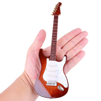 Dselvgvu Wooden Miniature Electric Guitar with Stand and Case Mini Musical Instrument Electric Guitar Replica Collectible Figurines Model Home Decoration Display Ornament (Brown, 9.45"x3.03"x0.63")