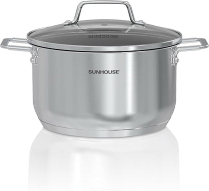 Sunhouse Stock Pot with Lid - 6.5 QT Large Pot for Cooking Pasta, Soup, Spaghetti - Ultra Thick 5-ply Base 18/8 Stainless Steel Pots for Canning, Boiling - Oven Safe & Induction Compatible Cookware