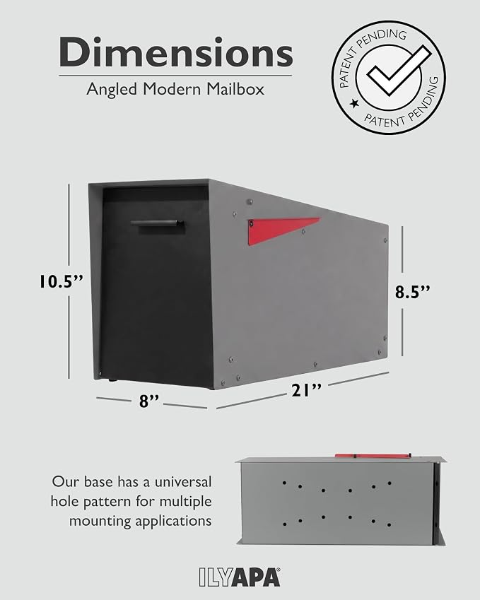 Ilyapa Modern Mailbox with Angle Design Post Mount - Gray Powder Coated Metal Mailbox with Black Door - Waterproof for Parcels, with Magnetic Door