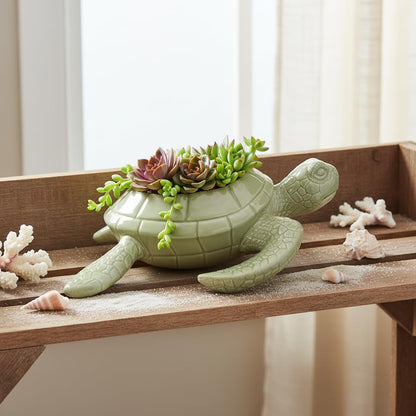Comfy Hour 9" Sea Turtle Succulent Planter, Decorative Ceramic Turtle Flower Pot for Cactus and Small Plants, Ocean Theme Indoor Outdoor Tabletop Display, Palegreen Dolomite, 1 Unit