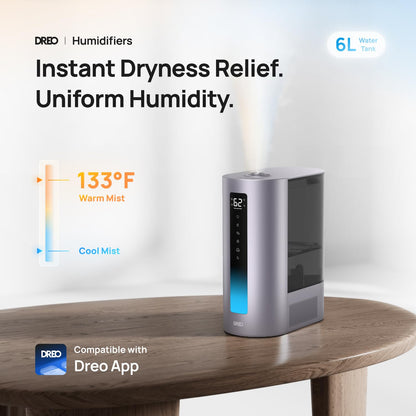 Dreo 6L Humidifiers for Bedroom, Smart Warm & Cool Mist for Large Room, 60Hr Quiet Runtime for Baby, Plant, Humidity Sensor, Indicator Light, 12H Timer, Google/Alexa, HM713S