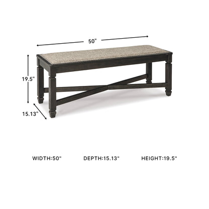 Signature Design by Ashley Tyler Creek Farmhouse Upholstered Dining Room Bench with Tapered Legs, Heavy Woven Fabric, Wood, 19.5" High Seat, Black & Gray
