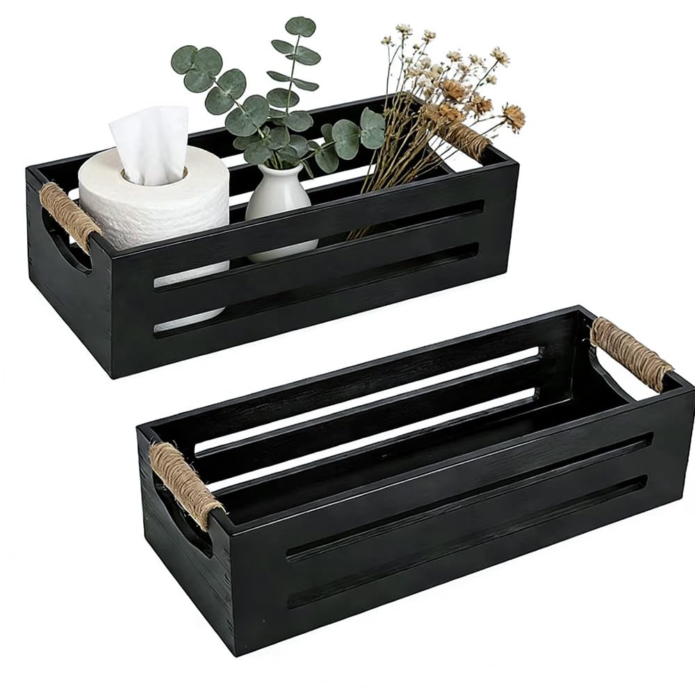 2Pack Wooden Bathroom Storage Crates with Rope Handles - Rustic Farmhouse Toilet Tank Topper Organizer Bin for Toilet Paper, Bathroom Decor, Kitchen Countertop & Home Organization (Black)