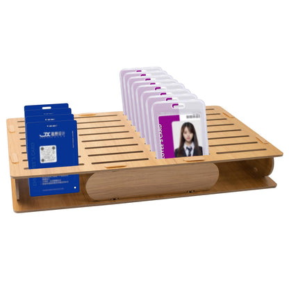 JoyHuaTrade Name Badge Holder, 32 Grids Wooden ID Badge Tray Organizer Brown Name Card Display Stand for Desk Office Business Reception, 13.39 x 7.48 x 1.9 Inch
