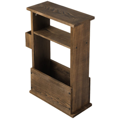 MyGift 24 Inch Tall Rustic Burnt Wood End Table with Remote Control Holder, Storage Shelf, and Magazine Rack, Wooden Narrow Living Room Couch Side Accent Furniture