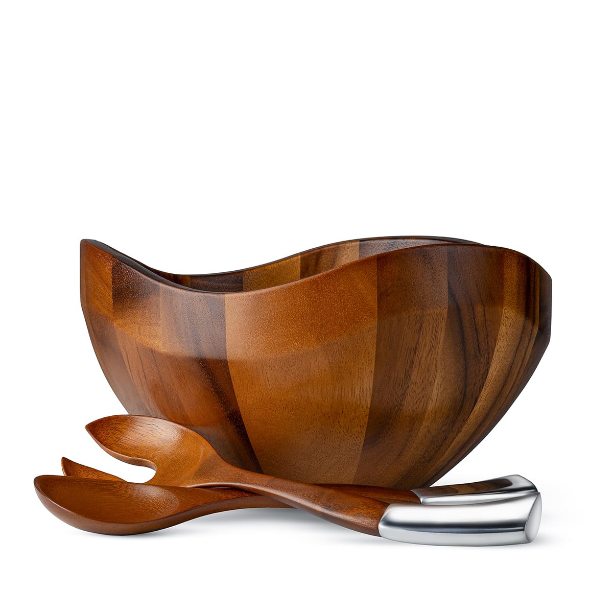 Nambé Billow Salad Bowl with Servers – 12" x 6.5" Acacia Wood & Alloy Entertaining Set – Organic Modern Salad Bowl, Decorative Tableware & Dining Centerpiece for Home & Entertaining