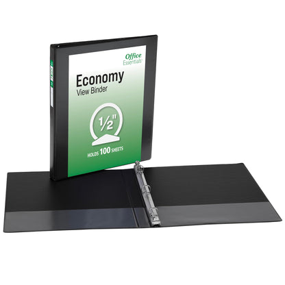 Office Essentials Economy View 3 Ring Binders, 0.5" Round Rings, 0.7" Spine, 100-Sheet Capacity, Black Binders (12-Pack of 03423)