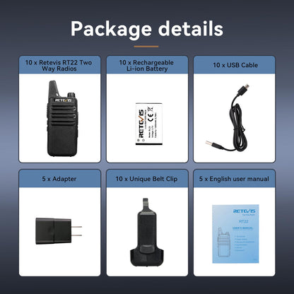 Retevis RT22 Walkie Talkies Rechargeable,Long Range Two Way Radio,2 Way Radio for Adults, Handsfree VOX Mini, for Business Office School Church Restaurant Retail(Black,10 Pcs, 5 Box)