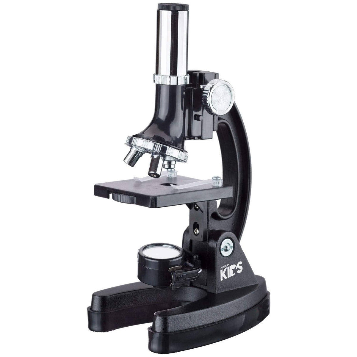 AmScope-KIDS M30-ABS-KT1 Beginner Microscope Kit, LED and Mirror Illumination, 120x - 1200x Six Magnifications, Metal Frame and Base, Includes 48-Piece Accessory Set and Case,Black