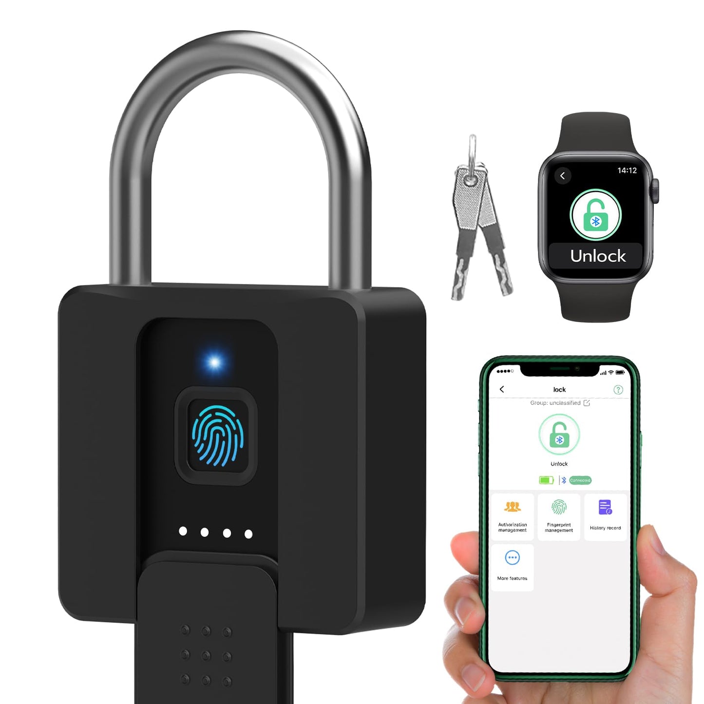 Fingerprint Padlock, Dhiedas Pad Lock with Fingerprint Bluetooth Key Waterproof Heavy Duty Combination Lock for Outdoor Fence Gate Shed Warehouse Gym Storage Yard