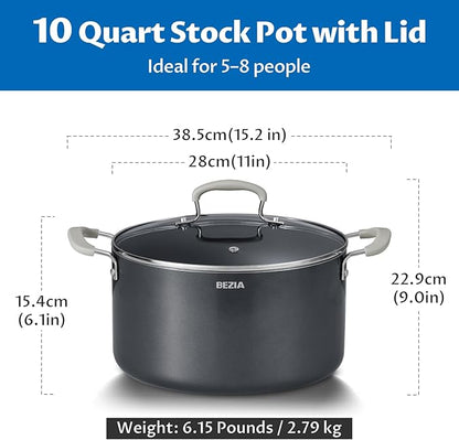 10 Quart Nonstick Stock Pot with Lid - BEZIA Ceramic Large Soup Pot, Big Pot with Silicone Handles, Easy Cleanup, Compatible with All Cooktops, Perfect for Roasts, Large Batches & Holiday Cooking