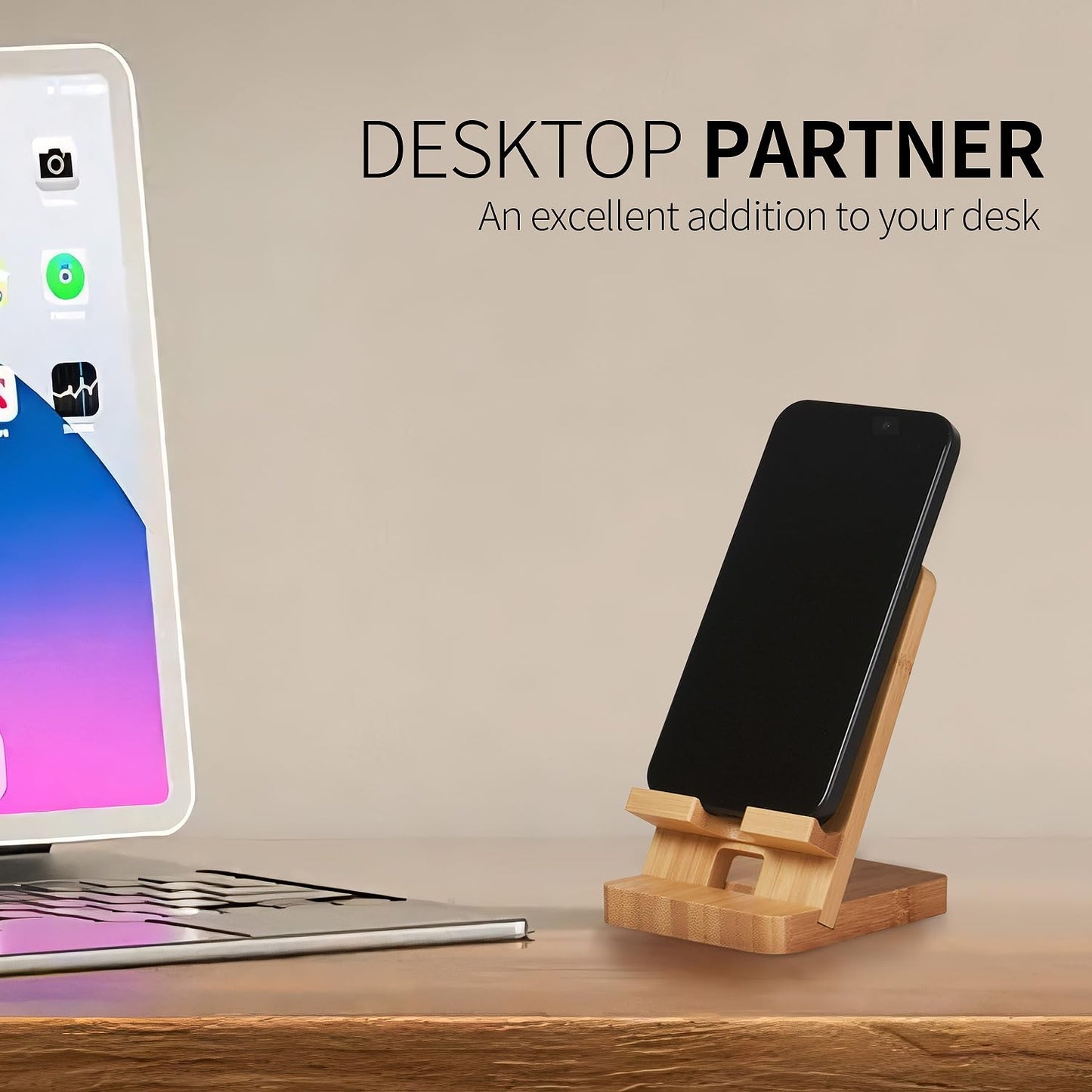LUCKY BEAN Wood Phone Stand, Desktop Wooden Phone Holder, Portable Office Phone Stand for Desk, Wood ipad Stand， Compatible with iPhone & All Cell Phones (Bamboo)