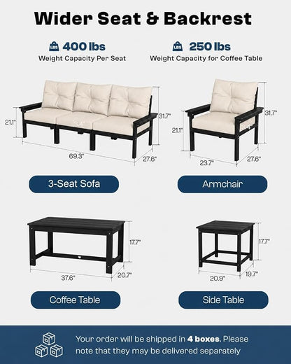 HDPE Outdoor Patio Furniture Set, 10-Piece Patio Conversation Set with 3-Seat Sofa, 4 Armchairs, 2 Side Tables & 1 Coffee Table, All-Weather Outdoor Sofa Set for Deck, Porch(Black Frame)