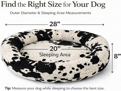Round Dog Bed – Natural Canvas, Removable Washable Cover, Raw Cotton or Latex Fill, Hypoallergenic Non-Toxic, Made in USA (Cow Print Black White, Medium, Soft Comfort – Organic Latex)