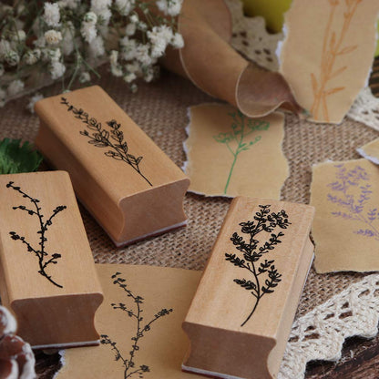 Dizdkizd 8 Pieces Wood Mounted Rubber Stamps, Plant and Flower Decorative Wooden Rubber Stamp Set for DIY Craft, Diary and Craft Scrapbooking