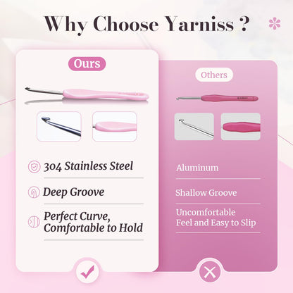 Yarniss Apex Crochet Hooks Set with Case 2.0mm~4.0mm,Hand-Polished Stainless Steel Crochet Hooks with Ergonomic Handle, Pointed Crochet Needle with Deep Groove