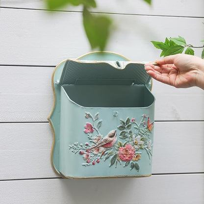 BIG FORTUNE Wall Mount Mailbox for House Outside Vintage Metal Door Mailbox Antique Style Nostalgic Charm Home Decor Garden Vintage English Cottage Decor Flower Patter (LightGreen)