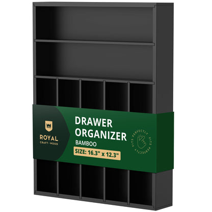 Luxury Bamboo Kitchen Drawer Organizer - Silverware Organizer - Utensil Holder and Cutlery Tray with Grooved Drawer Dividers for Flatware and Kitchen Utensils (7 Slot, Black)
