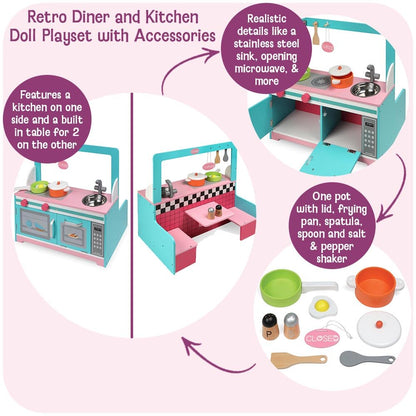 Badger Basket Double-Sided Retro Diner and Kitchen Doll Playset with Realistic Accessories for 18 to 20-Inch Dolls