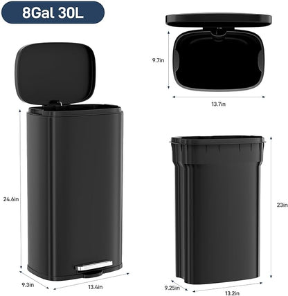 Arlopu 8 Gallon Step Trash Can, Stainless Steel Garbage Bin, Soft-Close Rubbish Bin with Removable Plastic Inner Bucket, Fingerprint-Proof, Lid Dustbin, Suit for Kitchen Home (Black, 30L)