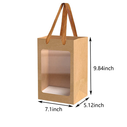 BallHull 12 Pcs Brown Paper Gift Bags with Transparent Window, 9.84"x7.0"x5.12" Kraft Shopping Bags with Handles for Bouquet Christmas Birthdays Festivals Party Weddings Wrapping