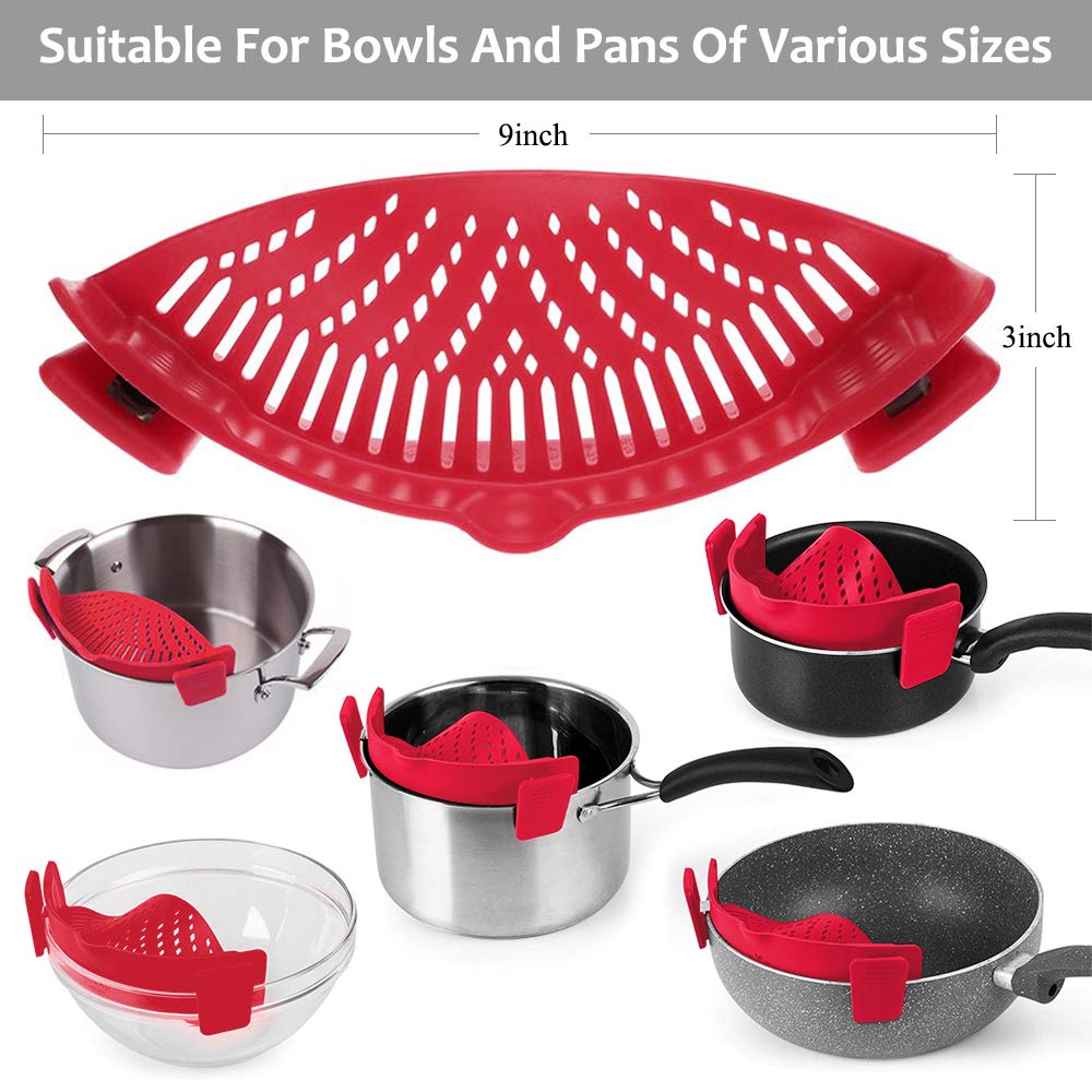 YEVIOR Clip on Strainer for All Pots Pan,Silicone Pasta Strainer Kitchen Gadgets,Collapsible Colander for Noodle,Vegetables,Fruit,Spaghetti (Grey)