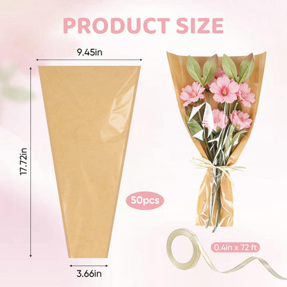 Wzifyf 50 PACK Flower Bags for Bouquets Flower Bouquet Holders Kraft Floral Wrapping Paper flower Sleeves Build Your Own Bouquet Bar with 72 Ft Ribbons for Valentine's Day Packaging Supplies