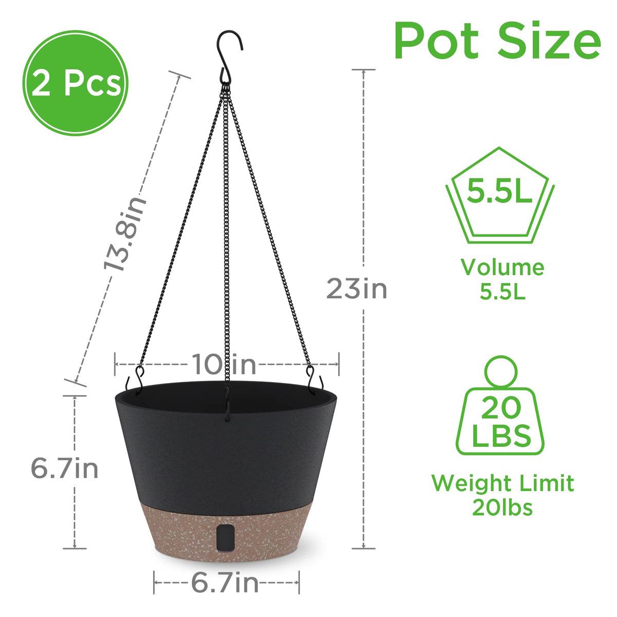SOSMAR 2 Pack Hanging Planters, 10 Inch Hanging Pots with Visible Water Level, 6 Pcs Hooks, Decorative Flower Pot Holder with Drainage for Indoor Outdoor Use