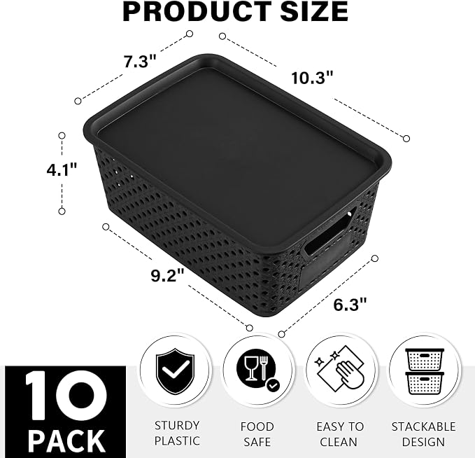 10 Pack Small Plastic Storage Bins with Lids, Stackable Plastic Storage Baskets for Organizing with Handles, Organizer Bins with Labels for Room, Craft, Containers for Pantry Organizers and Storage