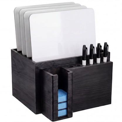 Novabright 10" x 9.75" x 6" Classroom Dry Erase Lapboard Storage Wooden Black Whiteboard Organizer hold up 6 dry erase board 6 Slot Pen 6 Erasers Storage for Desktop School, Office and Home, Classroom