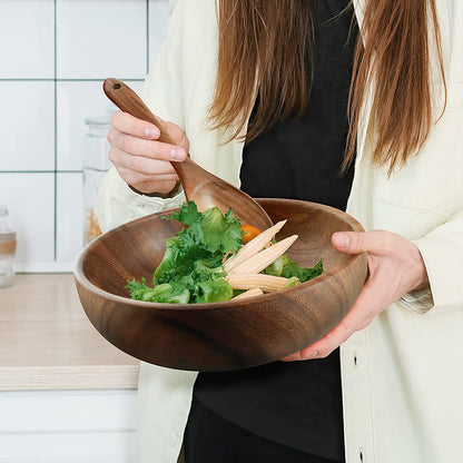 AOOSY Acacia Wood Salad Bowl Set — 9Inch Handmade Wooden Bowl with Serving Spoon & Fork, 3-Piece Mixing & Serving Set