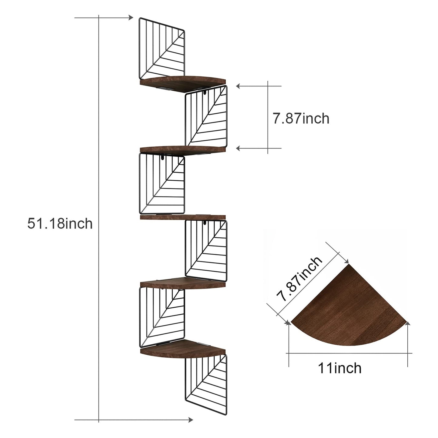 Love-KANKEI Corner Shelf Wall Mount of 5 Tier, Rustic Wood Floating Shelves Wall Shelves for Bedroom Living Room Bathroom Kitchen Office and More Dark Walnut