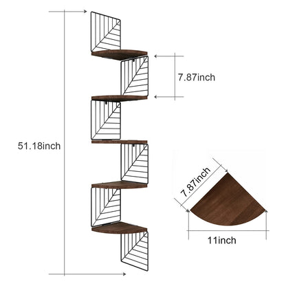 Love-KANKEI Corner Shelf Wall Mount of 5 Tier, Rustic Wood Floating Shelves Wall Shelves for Bedroom Living Room Bathroom Kitchen Office and More Dark Walnut