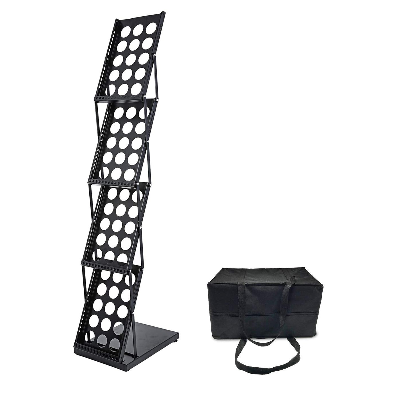 Polmart 4-Tier Brochure Literature Display Floor-Stand Rack with Adjustable Pockets. Portable Collapsible Design with Carry Bag for Trade Shows, Offices, Retail Stores (Black)