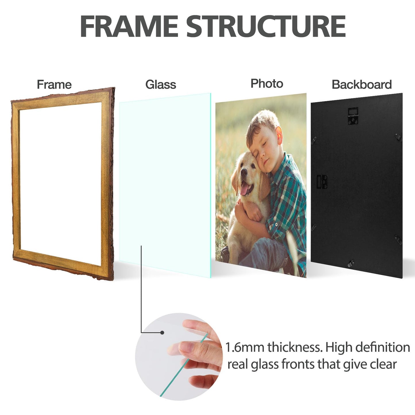Golden State Art, 11x14 Picture Frame Rustic Brown, Solid Wood Picture Frame with Bark Edges & Real Glass Cover, Display Posters/Photos/Prints 11x14 for Wall Mounting, Farmhouse Decor