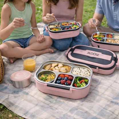 JILOOSE Stainless Steel Bento Box, Leak-Proof, BPA-Free, Dishwasher Safe, 4 Compartments Container School & Travel, Bento Lunch Box for Kids and Adults