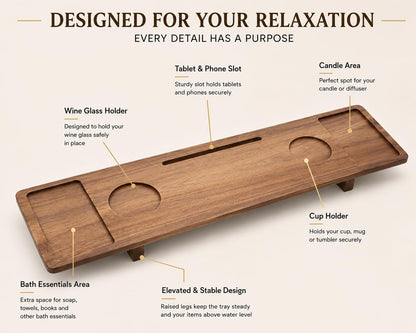 Luxury Wooden Bathub Caddy Tray - Premium Natural Acacia Bath Organizer with Wine Glass Holder, Tablet Slot and Phone Mount - Expandable Spa Board to Fit Most Tubs