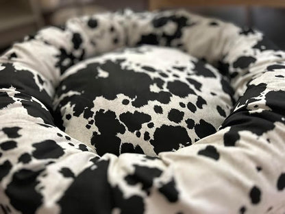 Organic Cotton Canvas Dog Bed: Removable Cover, Natural Fill - Made in USA (Cow Print Black White, XX Large 50" x 8" inches)