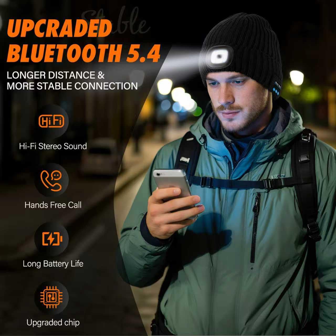 AHASTI 2 Pack Bluetooth Beanie Hat with Light for Men, Rechargeable LED Beanie with Light, Headlamp Cap Wireless Headphones, Christmas Gifts for Teens Stocking Stuffers for Men Dad（Black&Gray）