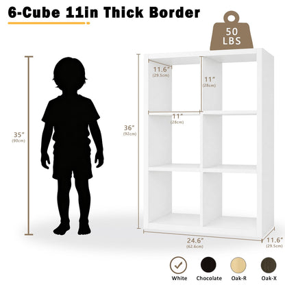Endearing Limons【2026 Wooden Thick Border 6 Cube Shelf Storage Organizer with Anti-Tipping Kits + Reversible Open Back Bookcase (11 * 11 Unit Cell White)