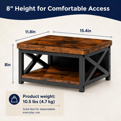 Wooden Step Stool for Adults – 8” Bed Step Stool with Storage Shelf, Anti-Slip Feet, Heavy-Duty Steel Frame, 500 lb Capacity – Rustic Brown