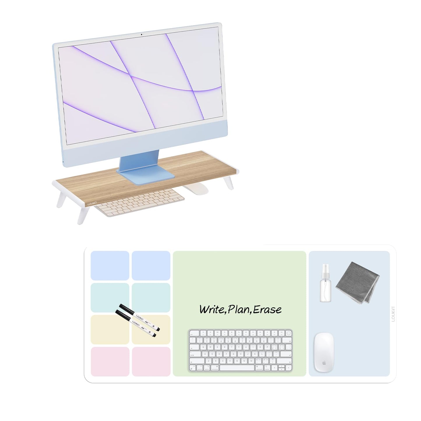 loukin 22.4" x 8.3" Monitor Stand Riser for Desk Natural Wood | 32"x14" Erasable Dry Erase Desk Mat