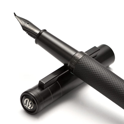 Brushed Black Forest Fude Pen, Bent Nib Calligraphy Fountain Pen (Fine to Broad) with Converter and Metal Box Set by Asvine