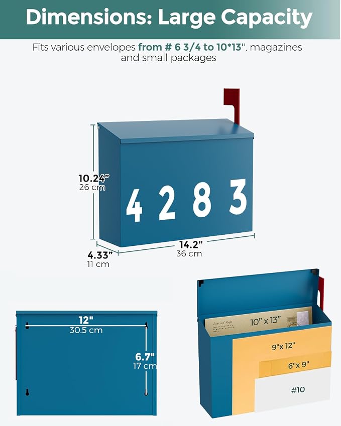 LAND·VOI Wall-Mount Mailbox with One Flag Kit and Three Sets of 0-9 Mailbox Number Stickers, Mailboxes for Outside, Galvanized Steel Rust-Proof Metal Post Box, 4.33" Dx14.2 Wx10.43 H, Blue
