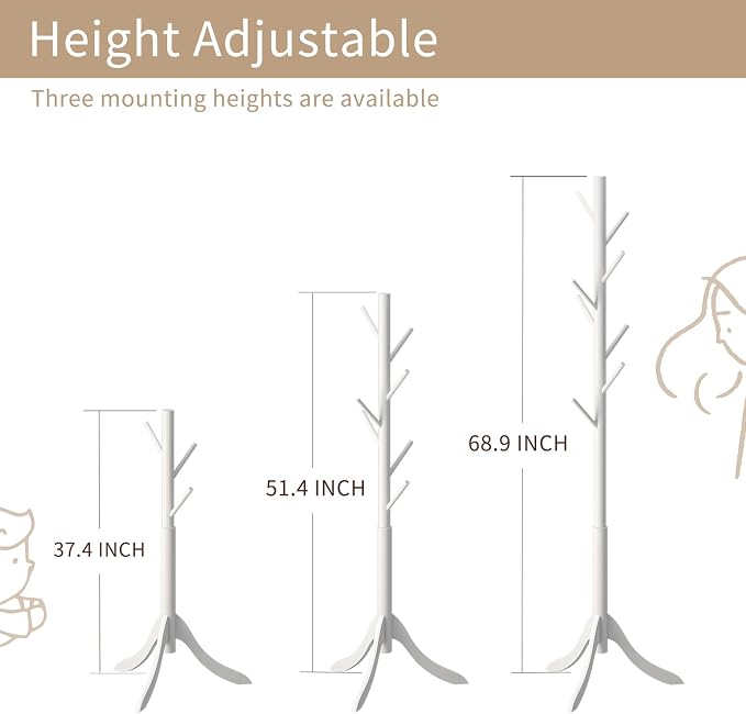 Coat Rack Freestanding, Coat Stands Entryway, Bamboo Coat Rack Hat Hanger 8 Hook for Jacket, Purse, Scarf Rack, Umbrella Tree Stand (White)