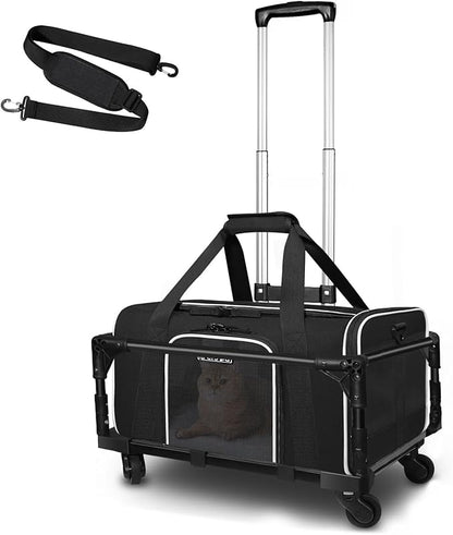 Petskd Small Pet Carrier with Wheels (17" L x 11" W x 9.5" H), Alaska Airlines Approved, Rolling Pet Carrier for Small Dogs & Cats (Black)
