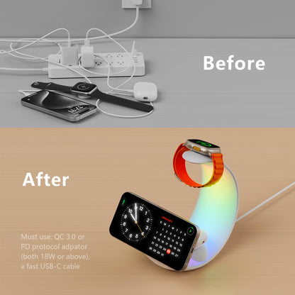 4-in-1 Wireless Charger Station with RGB Night Light, Compatible with iPhone, Apple Watch, and AirPods, Moon Shape Desktop Stand